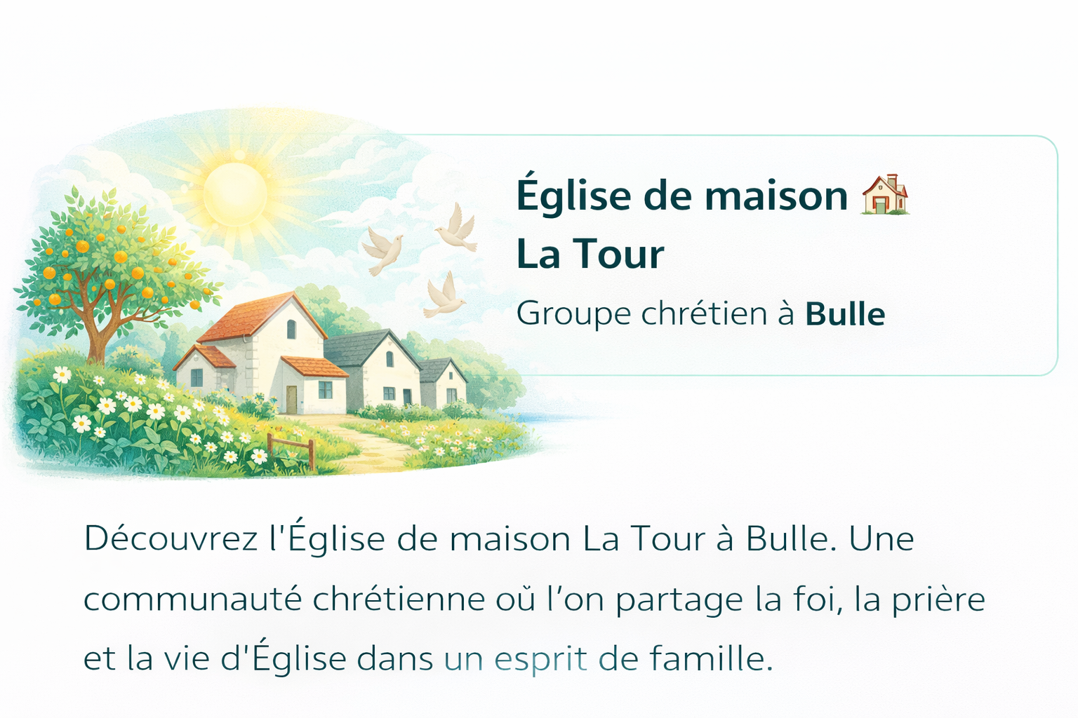 Bannière Église de maison La Tour à Bulle avec des maisons et message de bienvenue